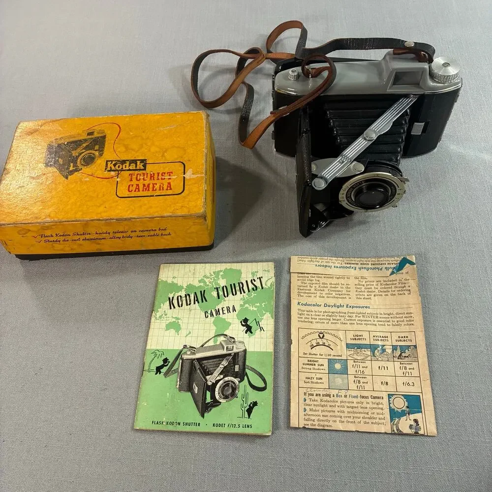 Vintage Kodak Tourist Folding 620 Film Camera Kodet f/12.5 Box Manual Untested